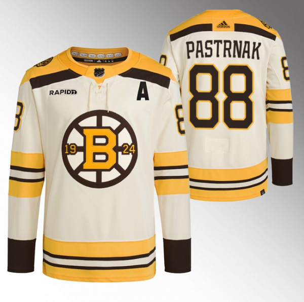 Men Boston Bruins #88 David Pastrnak Cream With Rapid7 Patch 100th Anniversary Stitched Jersey