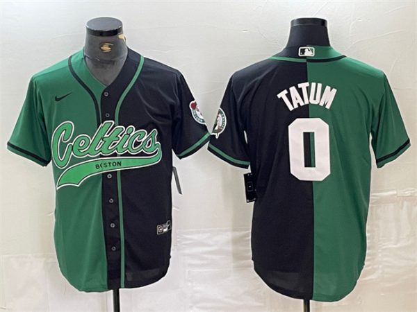 Men Boston Celtics #0 Jayson Tatum Green/Black Split Stitched Baseball Jersey