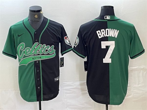 Men Boston Celtics #7 Jaylen Brown Green/Black Split Stitched Baseball Jersey