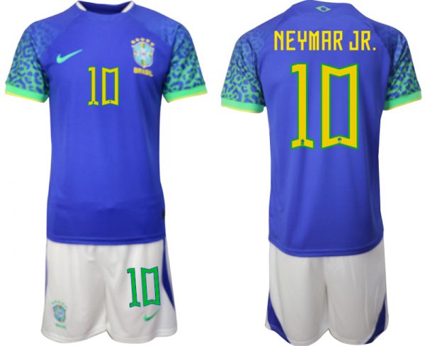 Men Brazil #10 Neymar Jr Blue 2022 FIFA World Cup Away Soccer Jersey Suit