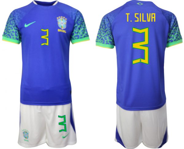 Men Brazil #3 T. Silva Blue 2022 FIFA World Cup Away Soccer Jersey Suit