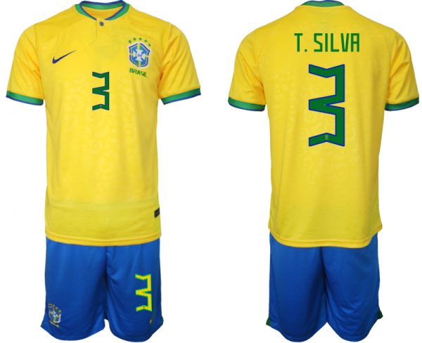 Men Brazil #3 T. Silva Yellow 2022 FIFA World Cup HomeSoccer Jersey Suit