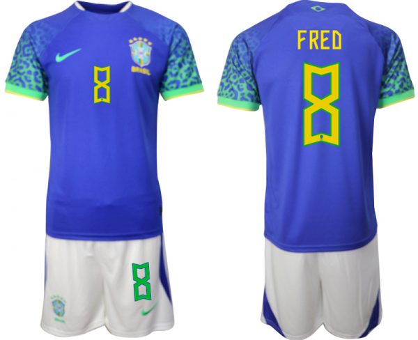 Men Brazil #8 Fred Blue 2022 FIFA World Cup Away Soccer Jersey Suit