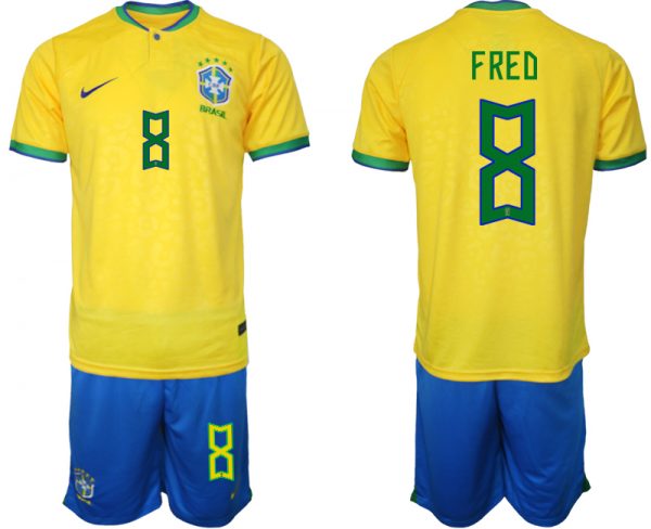 Men Brazil #8 Fred Yellow 2022 FIFA World Cup Home Soccer Jersey Suit