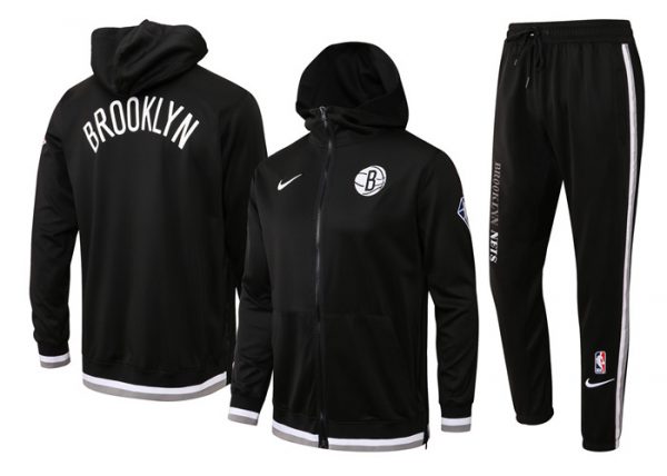 Men Brooklyn Nets 75th Anniversary Black Performance Showtime Full-Zip Hoodie Jacket And Pants Suit