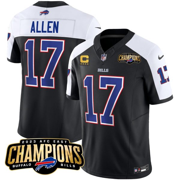 Men Buffalo Bills #17 Josh Allen Black/White 2023 F.U.S.E. AFC East Champions With 4-star C Ptach Stitched Football Jersey