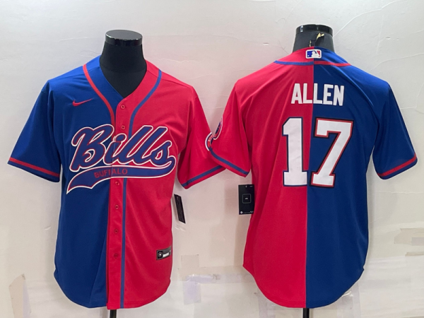 Men Buffalo Bills #17 Josh Allen Royal/Red Split With Patch Cool Base Stitched Baseball Jersey