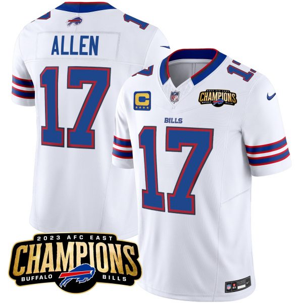 Men Buffalo Bills #17 Josh Allen White 2023 F.U.S.E. AFC East Champions With 4-star C Ptach Stitched Football Jersey