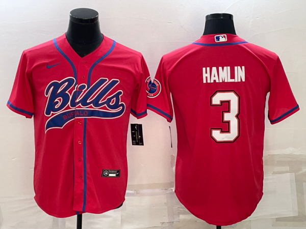 Men Buffalo Bills #3 Damar Hamlin Red With Patch Cool Base Stitched Baseball Jersey