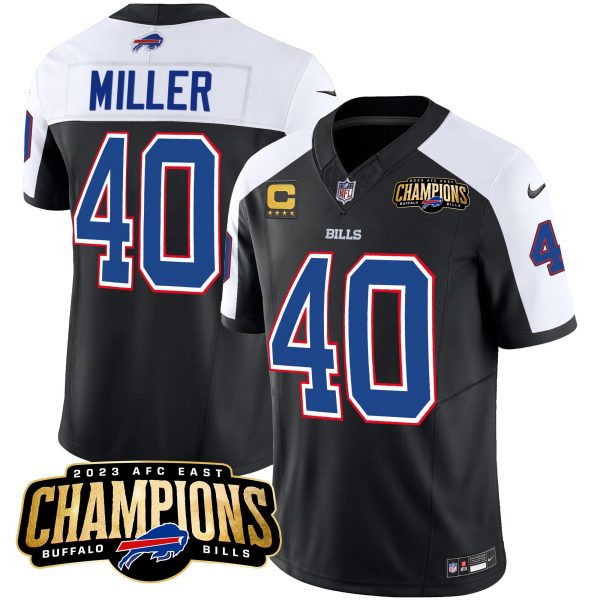 Men Buffalo Bills #40 Von Miller Black/White 2023 F.U.S.E. AFC East Champions With 4-star C Ptach Stitched Football Jersey