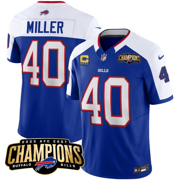 Men Buffalo Bills #40 Von Miller Blue/White 2023 F.U.S.E. AFC East Champions With 4-star C Ptach Stitched Football Jersey