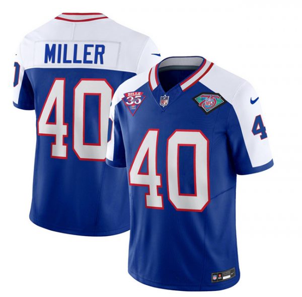 Men Buffalo Bills #40 Von Miller Blue/White 75th Anniversary 2023 F.U.S.E. Throwback Vapor Untouchable Limited Stitched Jersey