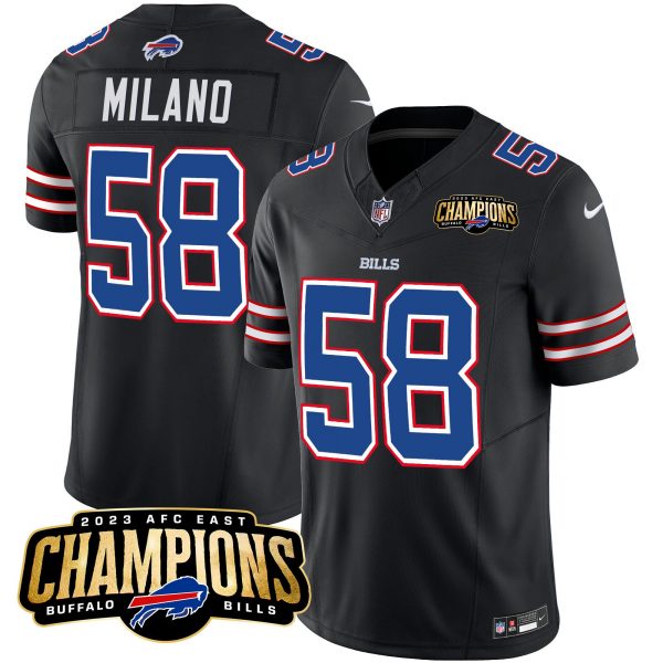 Men Buffalo Bills #58 Matt Milano Black 2023 F.U.S.E. AFC East Champions Ptach Stitched Football Jersey