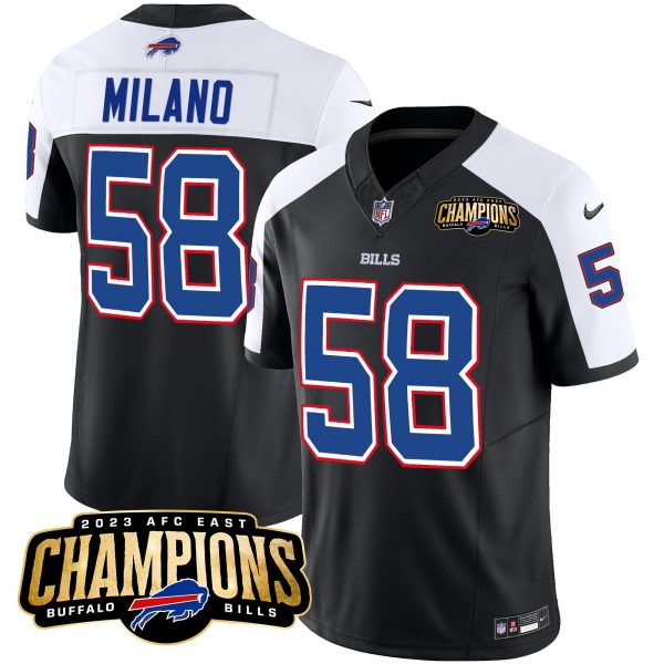 Men Buffalo Bills #58 Matt Milano Black/White 2023 F.U.S.E. AFC East Champions Ptach Stitched Football Jersey