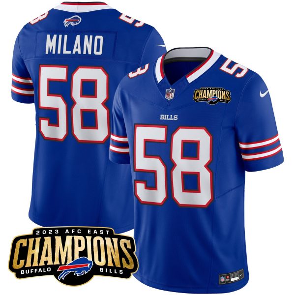 Men Buffalo Bills #58 Matt Milano Blue 2023 F.U.S.E. AFC East Champions Ptach Stitched Football Jersey