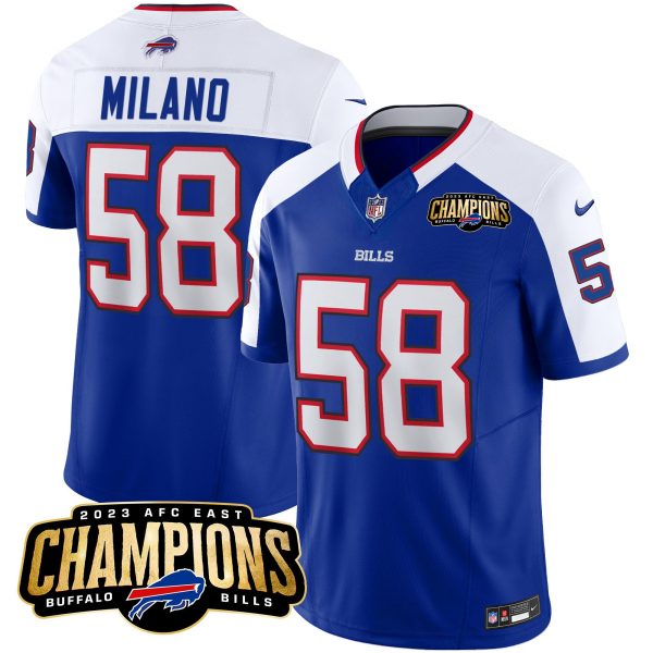 Men Buffalo Bills #58 Matt Milano Blue/White 2023 F.U.S.E. AFC East Champions Ptach Stitched Football Jersey