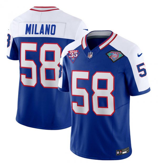 Men Buffalo Bills #58 Matt Milano Blue/White 75th Anniversary 2023 F.U.S.E. Throwback Vapor Untouchable Limited Stitched Jersey