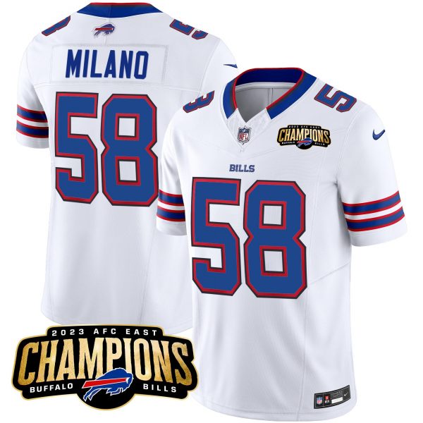 Men Buffalo Bills #58 Matt Milano White 2023 F.U.S.E. AFC East Champions Ptach Stitched Football Jersey