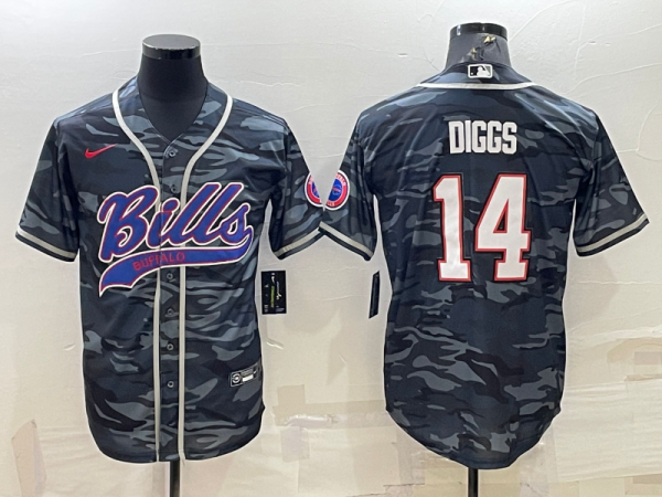 Men Buffalo Bills Blank #14 Stefon Diggs Grey/Navy Camo With Patch Cool Base Stitched Baseball Jersey