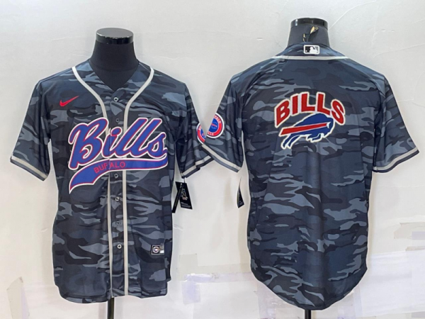 Men Buffalo Bills Blank Grey Camo Team Big Logo With Patch Cool Base Stitched Baseball Jersey
