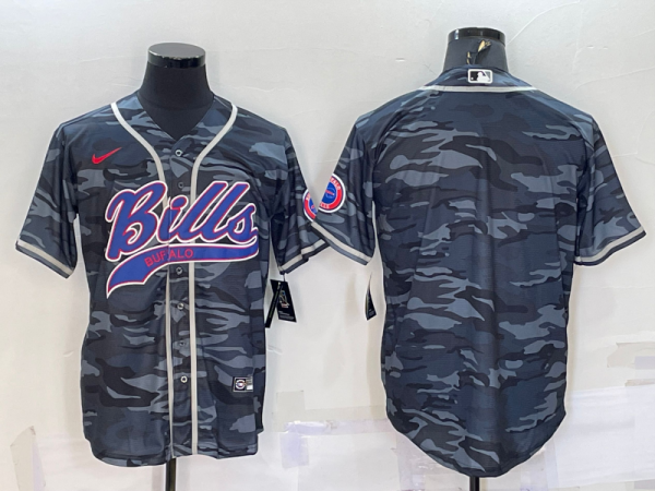 Men Buffalo Bills Blank Grey Camo With Patch Cool Base Stitched Baseball Jersey