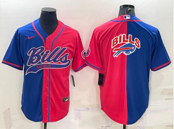 Men Buffalo Bills Blank Royal/Red Split Team Big Logo With Patch Cool Base Stitched Baseball Jersey