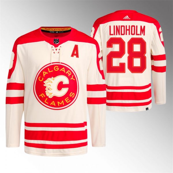 Men Calgary Flames #28 Elias Lindholm 2023 Cream Heritage Classic Primegreen Stitched Jersey
