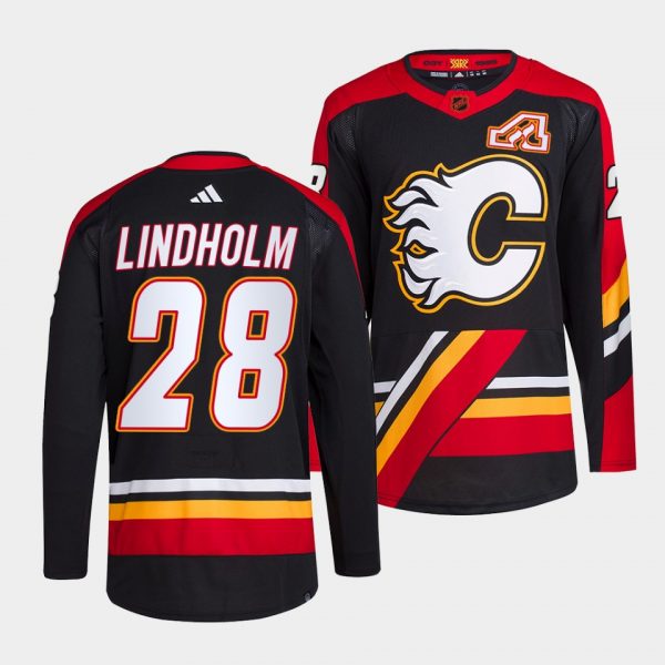 Men Calgary Flames #28 Elias Lindholm Black 2022-23 Reverse Retro Stitched Jersey