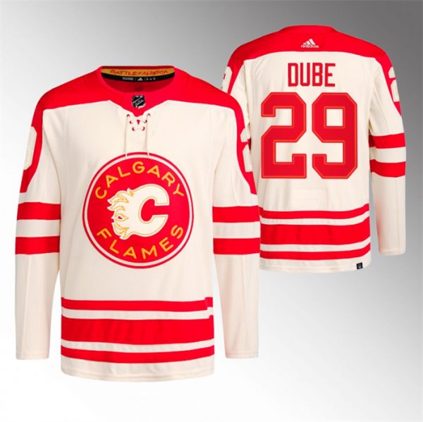Men Calgary Flames #29 Dillon Dube 2023 Cream Heritage Classic Primegreen Stitched Jersey
