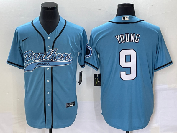 Men Carolina Panthers #9 Bryce Young Blue With Patch Cool Base Stitched Baseball Jersey