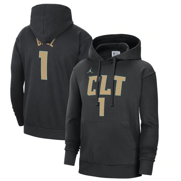 Men Charlotte Hornets #1 LaMelo Ball Black 2022/23 City Edition Name & Number Essential Pullover Hoodie