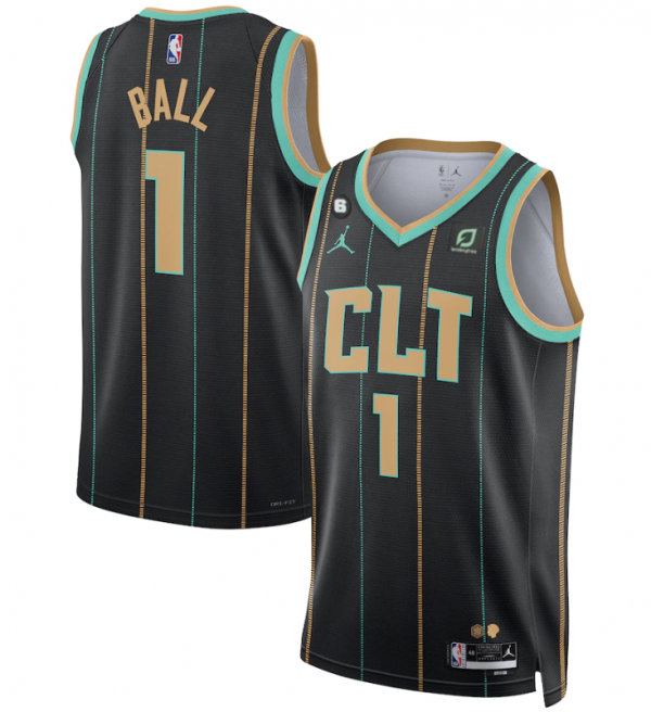 Men Charlotte Hornets #1 LaMelo Ball Black 2022/23 City Edition No.6 Patch Stitched Basketball Jersey