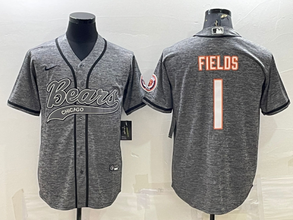 Men Chicago Bears #1 Justin Fields Grey With Patch Cool Base Stitched Baseball Jersey