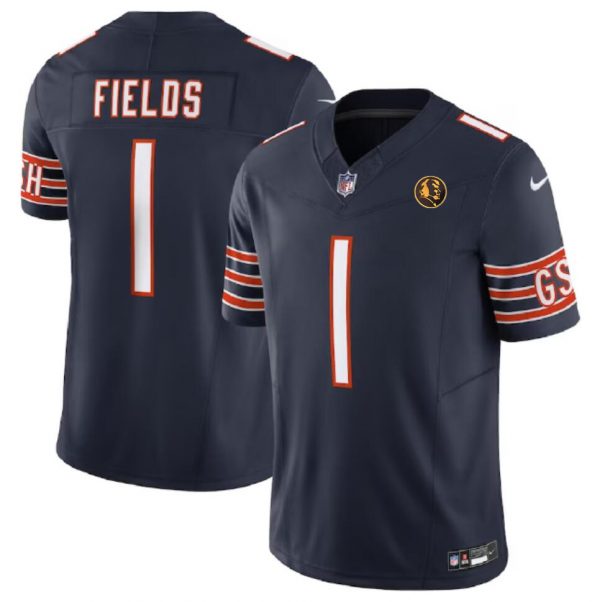 Men Chicago Bears #1 Justin Fields Navy 2023 F.U.S.E. With John Madden Patch Vapor Limited Stitched Football Jersey