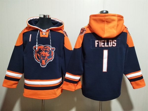 Men Chicago Bears #1 Justin Fields Navy Ageless Must-Have Lace-Up Pullover Hoodie