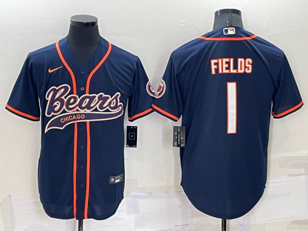 Men Chicago Bears #1 Justin Fields Navy Cool Base Stitched Baseball Jersey