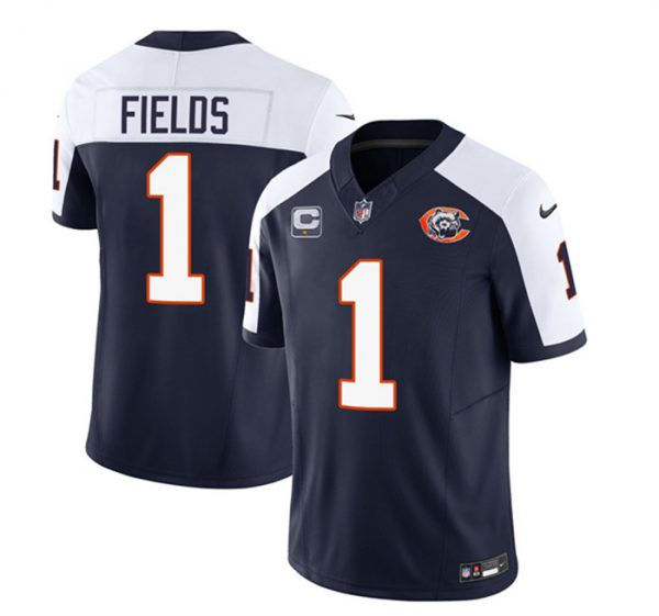 Men Chicago Bears #1 Justin Fields Navy/White 2023 F.U.S.E. With 1-star C PatchThrowback Limited Stitched Football Jersey