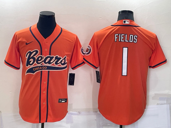 Men Chicago Bears #1 Justin Fields Orange Cool Base Stitched Baseball Jersey