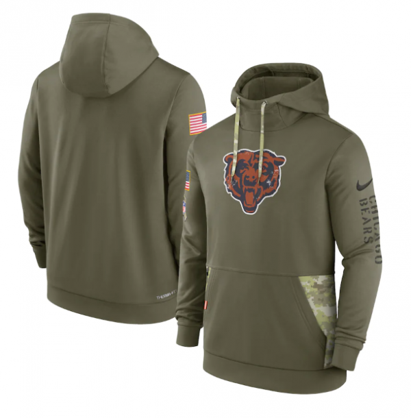 Men Chicago Bears 2022 Olive Salute to Service Therma Performance Pullover Hoodie