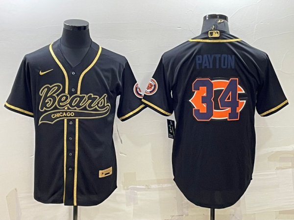 Men Chicago Bears #34 Walter Payton Black Gold Team Big Logo With Patch Cool Base Stitched Baseball Jersey