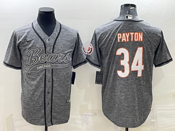 Men Chicago Bears #34 Walter Payton Grey With Patch Cool Base Stitched Baseball Jersey