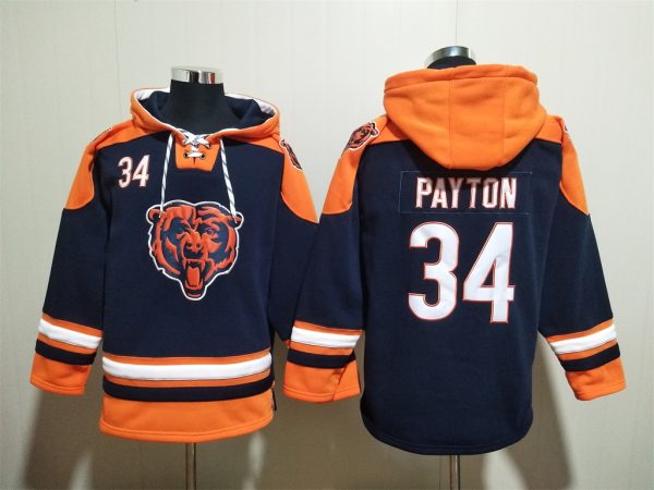 Men Chicago Bears #34 Walter Payton Navy Ageless Must-Have Lace-Up Pullover Hoodie