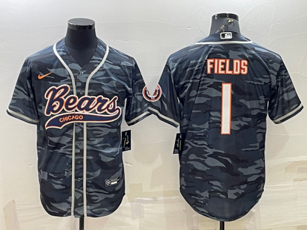 Men Chicago Bears Blank #1 Justin Fields Grey Camo With Patch Cool Base Stitched Baseball Jersey 001