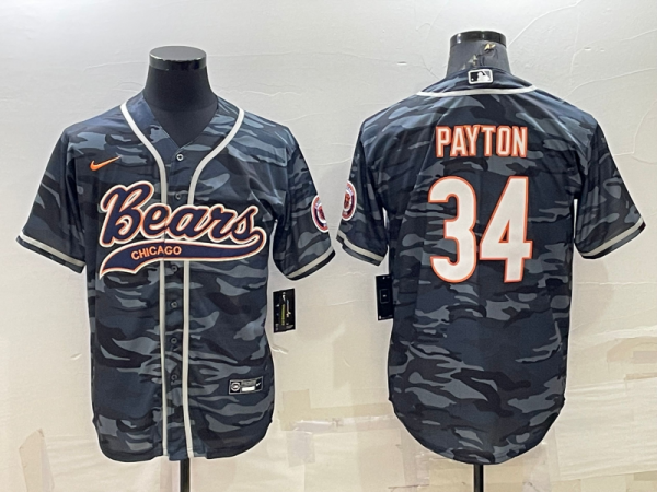 Men Chicago Bears Blank #34 Walter Payton Grey Camo With Patch Cool Base Stitched Baseball Jersey 001