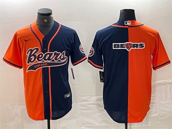 Men Chicago Bears Team Big Logo Orange/Navy Split With Patch Cool Base Stitched Baseball Jersey