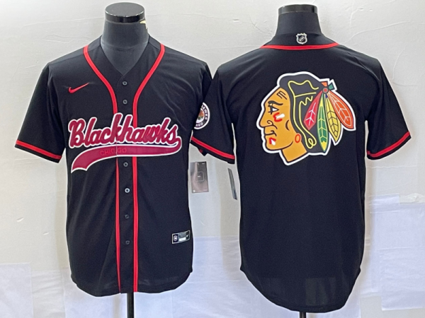 Men Chicago Blackhawks Black Team Big Logo Cool Base Stitched Baseball Jersey