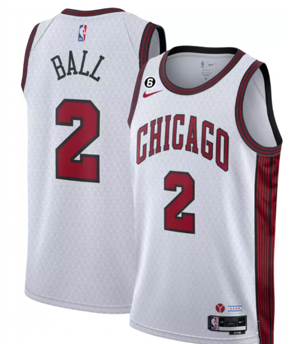 Men Chicago Bulls #2 Lonzo Ball White 2022/23 City Edition With NO.6 Patch Stitched Basketball Jersey