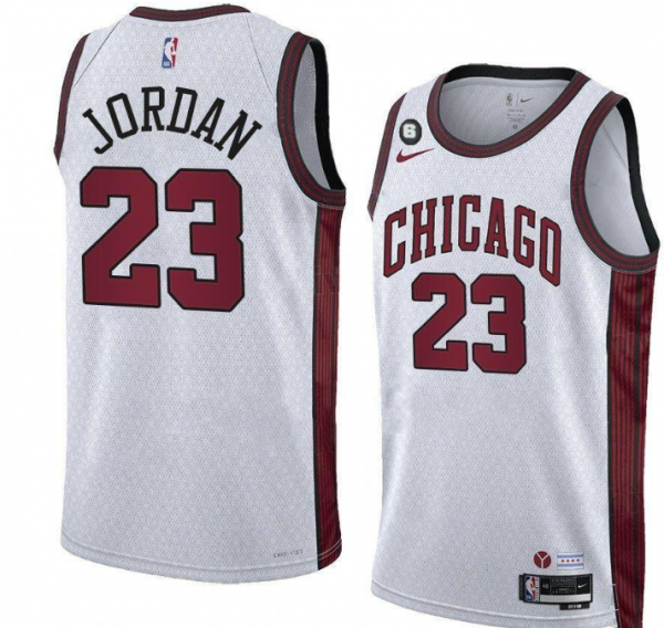 Men Chicago Bulls #23 Michael Jordan White 2022/23 City Edition With NO.6 Patch Stitched Basketball Jersey