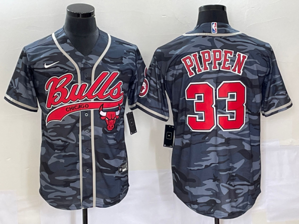 Men Chicago Bulls #33 Scottie Pippen Gray Camo Cool Base Stitched Baseball Jersey