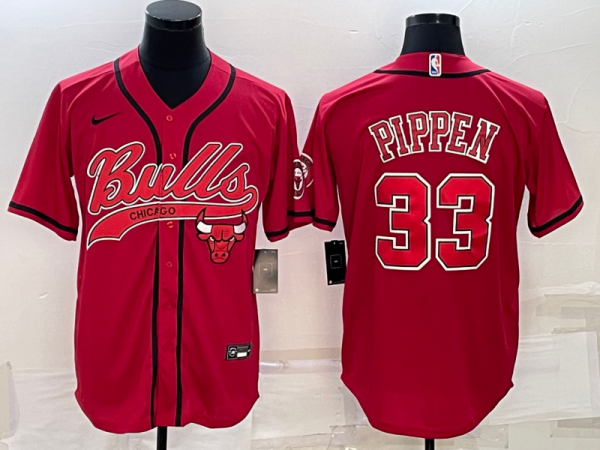 Men Chicago Bulls #33 Scottie Pippen Red With Patch Cool Base Stitched Baseball Jersey
